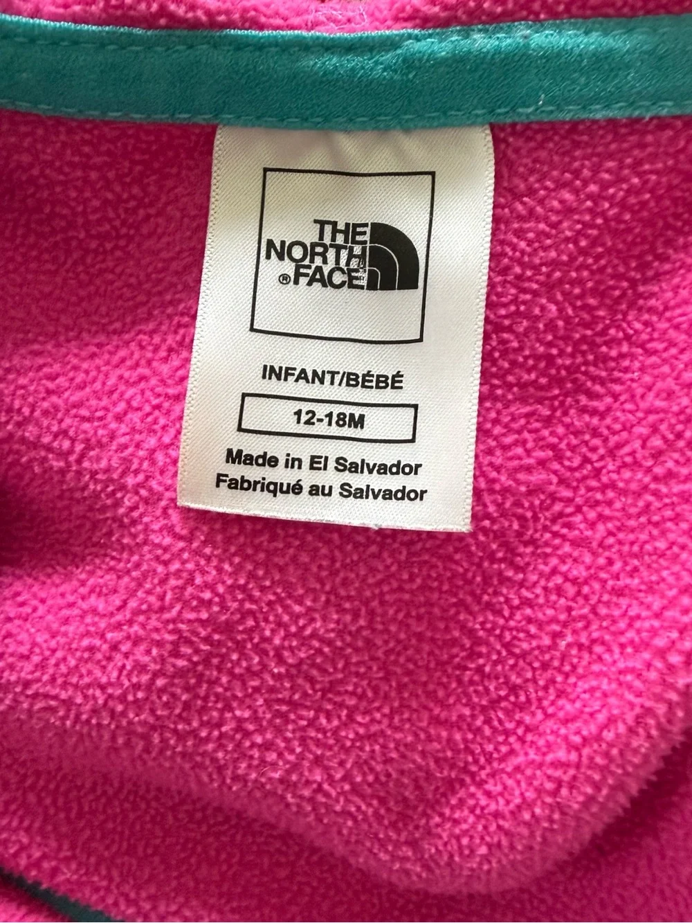 The North Face Full Zip Fleece Hoodie Bright Pink with Teal Trim Sz 12-18m